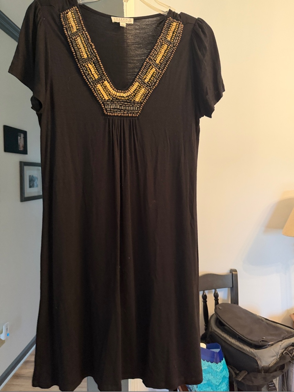 Joseph A Black Short-Sleeve Tunic with Gold Beaded V-Neck